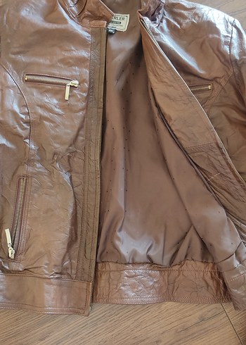 Kahverengi gerçek Deri Biker Ceket - Görsel 3