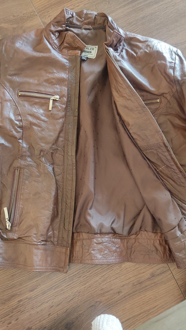 Kahverengi gerçek Deri Biker Ceket - Görsel 3