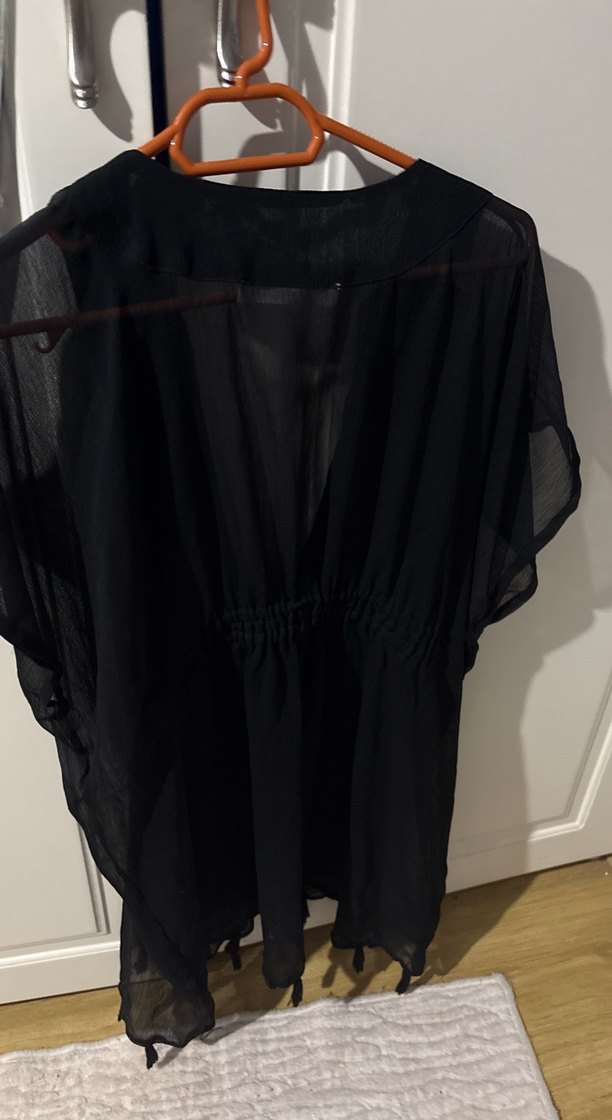 Siyah Kısa Kollu Midi Gevşek Kesim Kadın pareo - Görsel 2