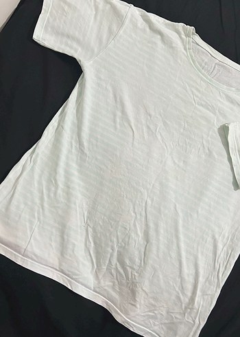 Kısa Kollu, Salaş, Beyaz Açık su yeşili çizgili Tişört - Görsel 2