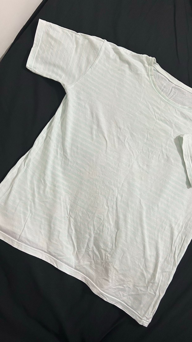 Kısa Kollu, Salaş, Beyaz Açık su yeşili çizgili Tişört - Görsel 2