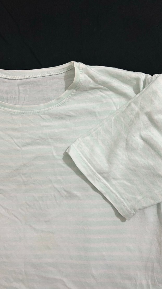 Kısa Kollu, Salaş, Beyaz Açık su yeşili çizgili Tişört - Görsel 3