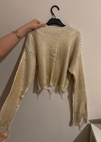 Altın Renkli Örgü Kadın Kazak - Görsel 2