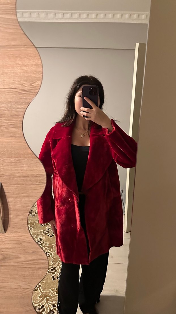 Kadın Bordo Süet Midi Kürklü Kaban - Görsel 2