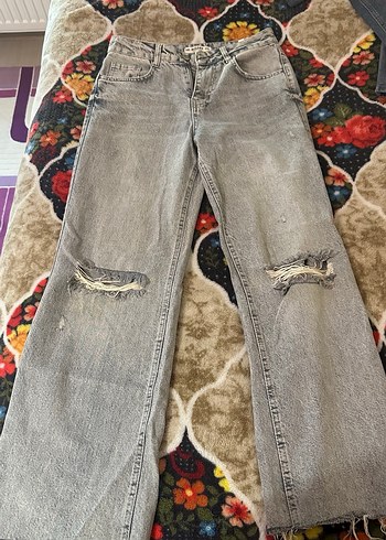 Gri Bağcıklı Geniş Kesim Denim Pantolon - Görsel 3