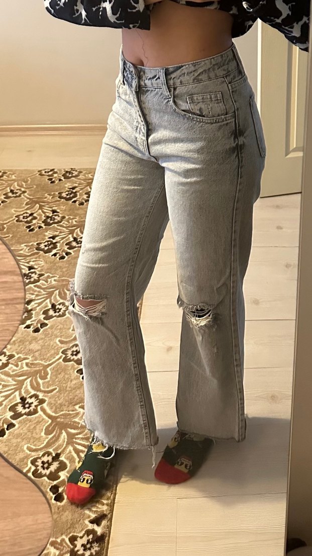 Gri Bağcıklı Geniş Kesim Denim Pantolon - Görsel 2