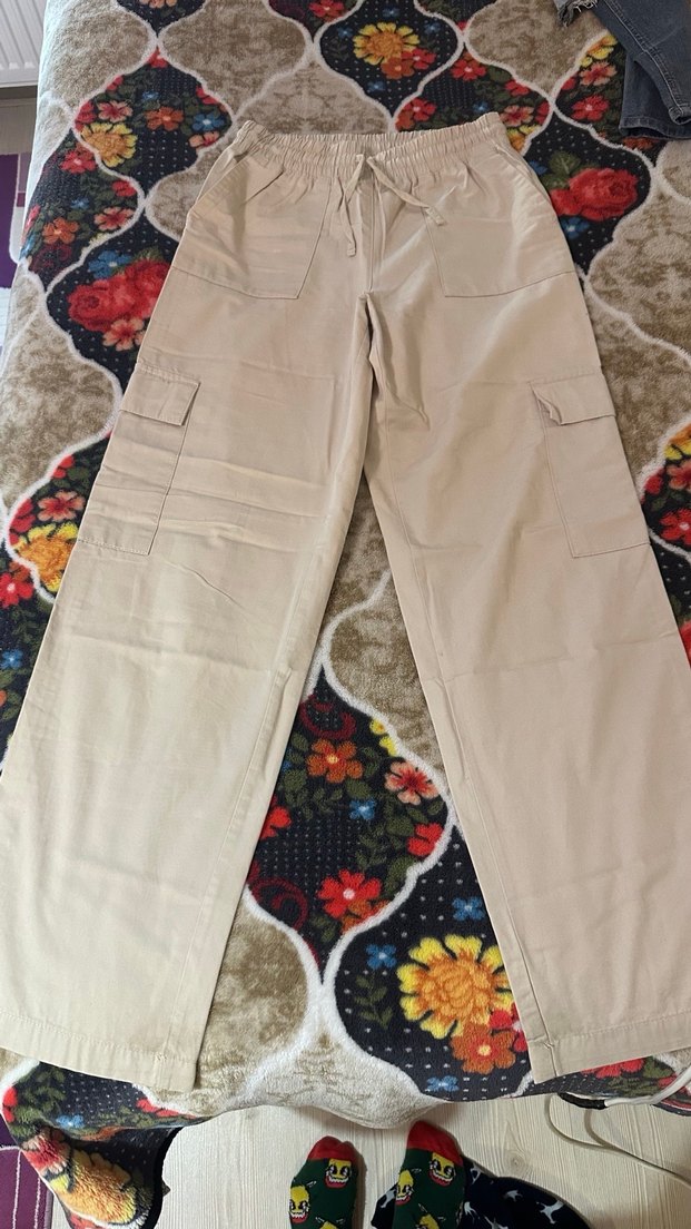 Bej Düğmeli Rahat Kesim Kadın Pantolon - Görsel 2