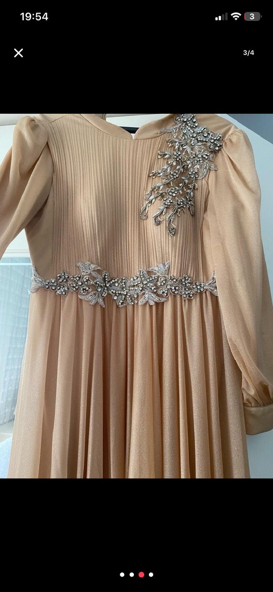 Bej İşlemeli Piliseli Uzun Abiye Elbise - Görsel 3