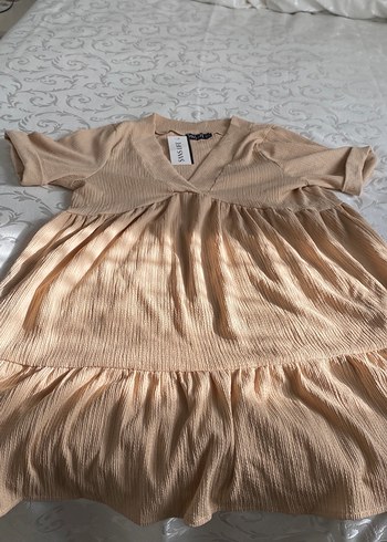 Bej V Yaka Midi Keten Elbise - Görsel 3