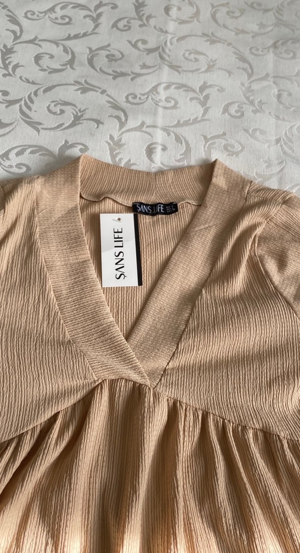 Bej V Yaka Midi Keten Elbise - Görsel 2