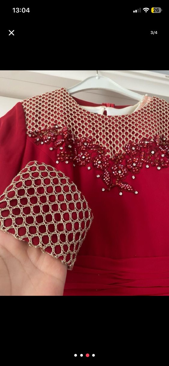 Uzun Kollu Kırmızı İşlemeli Kadın Elbise - Görsel 2