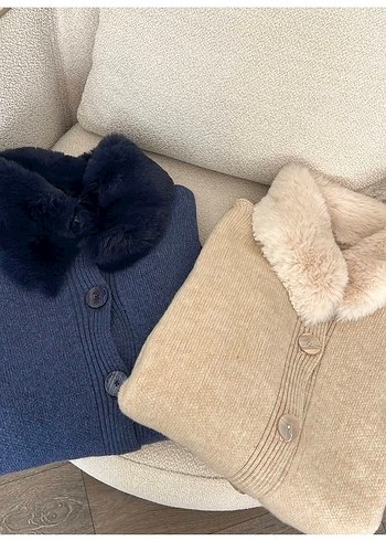 Kürklü Yaka Detaylı Lacivert Triko Kadın Hırka - Görsel 4