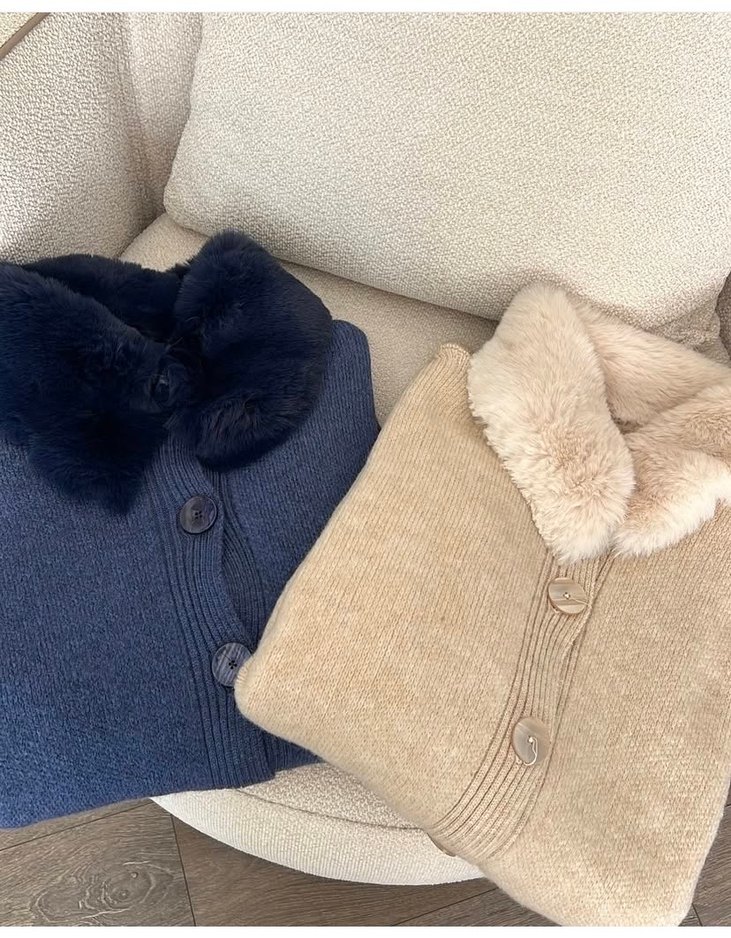 Kürklü Yaka Detaylı Lacivert Triko Kadın Hırka - Görsel 4