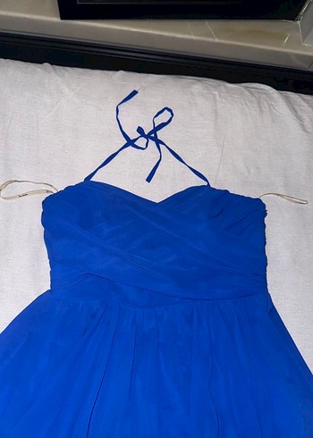 Mavi Straplez Fırfırlı Midi Abiye Elbise - Görsel 4