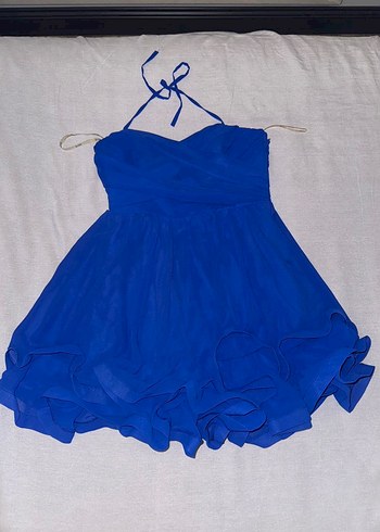 Mavi Straplez Fırfırlı Midi Abiye Elbise - Görsel 2