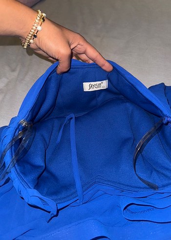 Mavi Straplez Fırfırlı Midi Abiye Elbise - Görsel 5