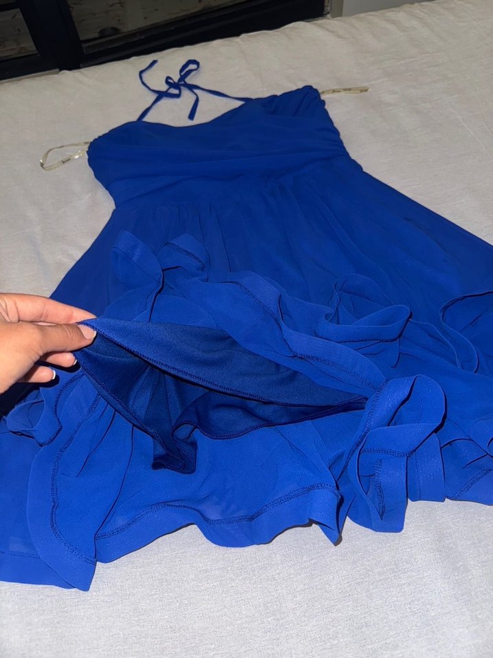 Mavi Straplez Fırfırlı Midi Abiye Elbise - Görsel 3