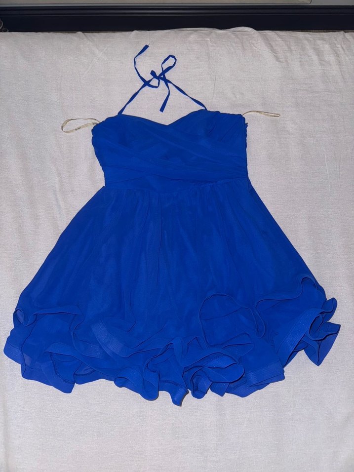 Mavi Straplez Fırfırlı Midi Abiye Elbise - Görsel 2