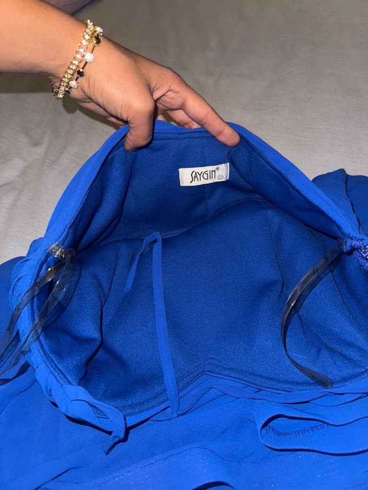 Mavi Straplez Fırfırlı Midi Abiye Elbise - Görsel 5