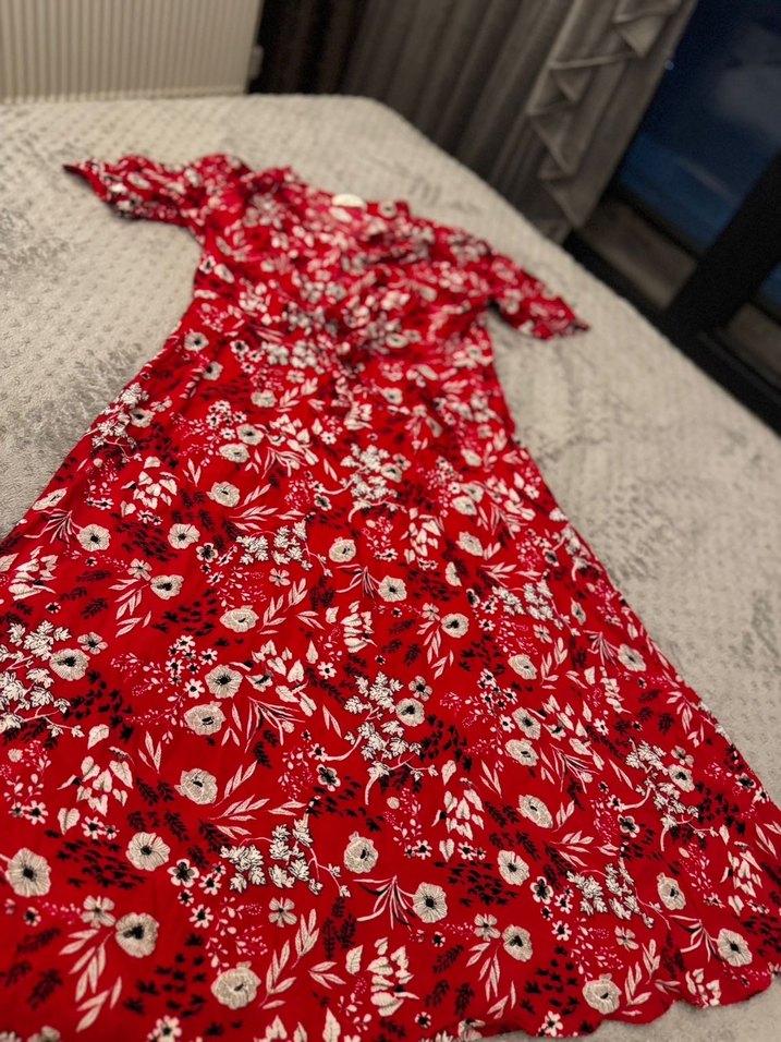 Çiçek Desenli Kırmızı Uzun Bohem Elbise - Görsel 2