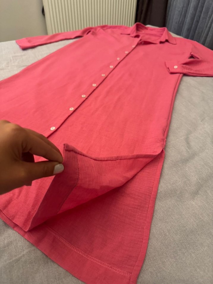 Pembe Uzun Kadın Keten Elbise - Görsel 2