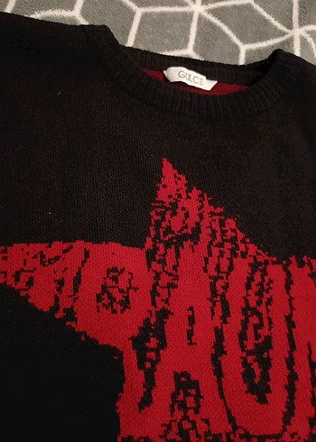 Kırmızı Baskılı Triko Kadın Kazak - Görsel 4