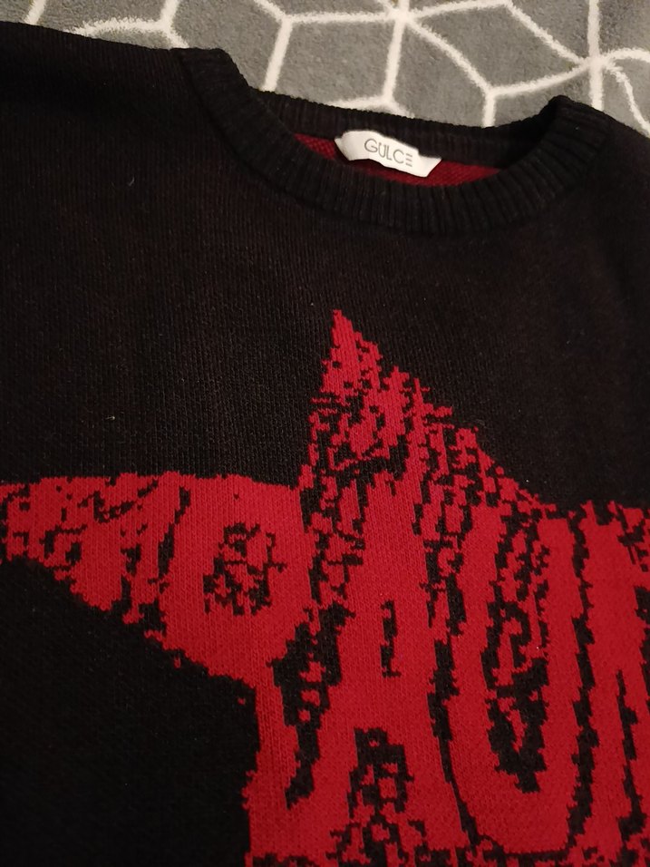 Kırmızı Baskılı Triko Kadın Kazak - Görsel 4