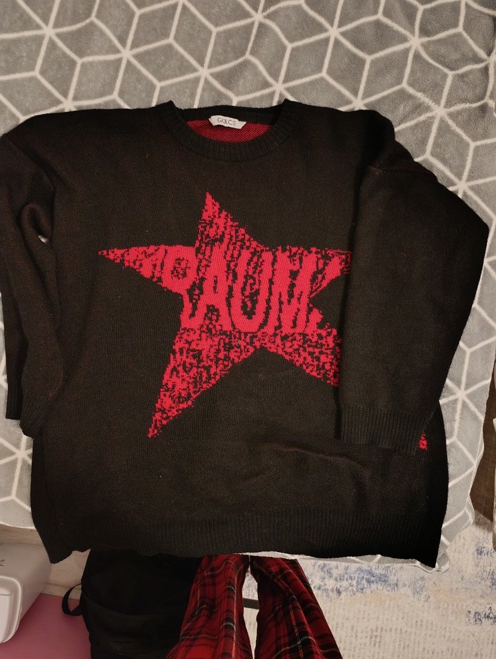 Kırmızı Baskılı Triko Kadın Kazak - Görsel 5