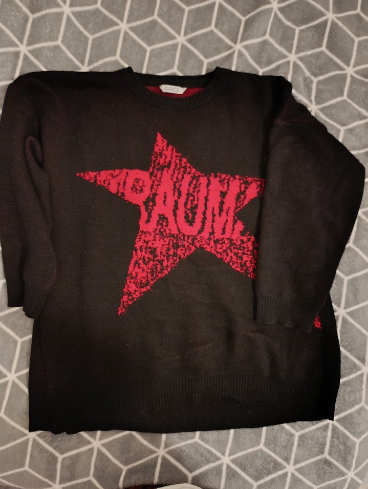 Kırmızı Baskılı Triko Kadın Kazak - Görsel 2