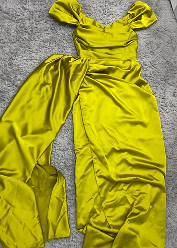 Yağ yeşili Drapeli Uzun Abiye Elbise - Görsel 2