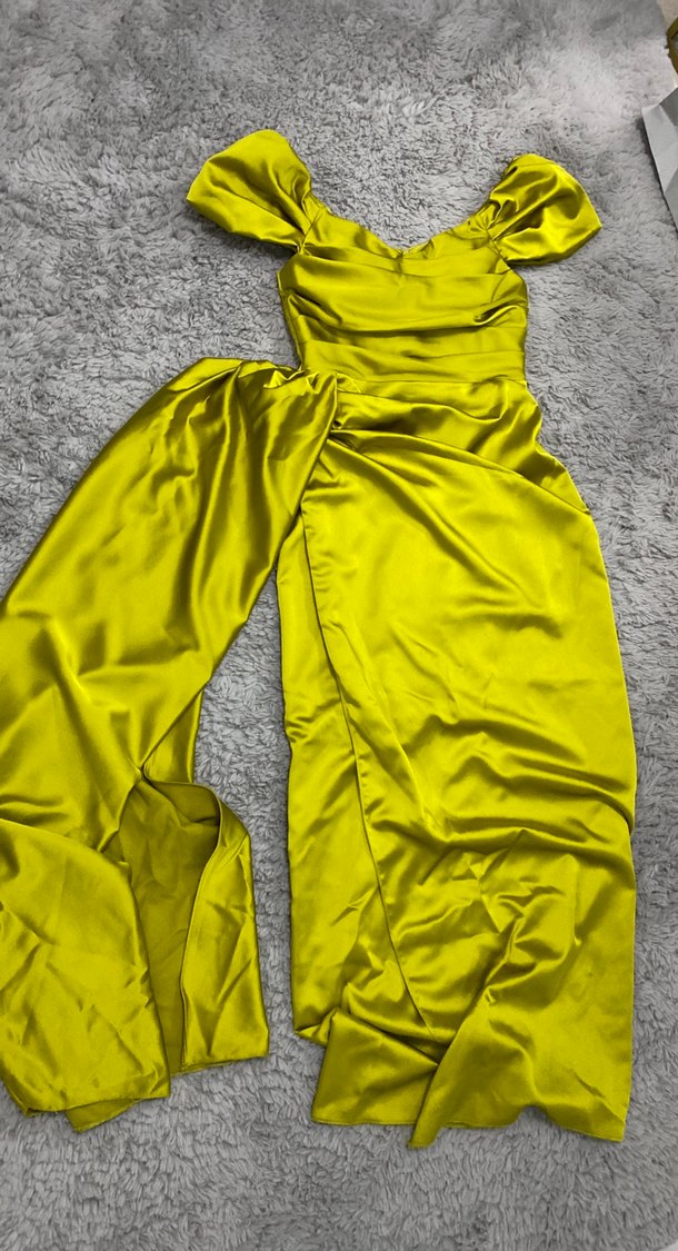 Yağ yeşili Drapeli Uzun Abiye Elbise - Görsel 2