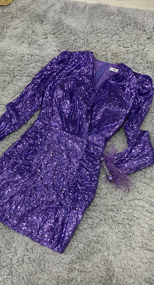 Mor Parlak Mini Kadın Abiye Elbise - Görsel 2