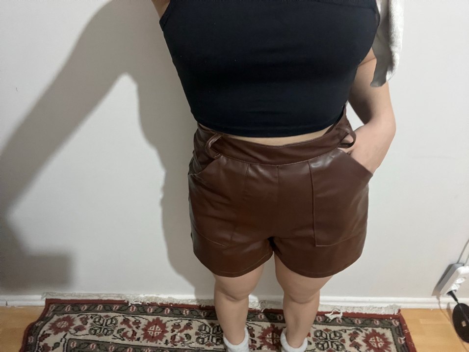 Kahverengi deri şort - Görsel 4