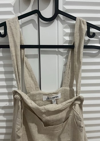 Bej Keten Midi Askılı Kadın Tulum - Görsel 2