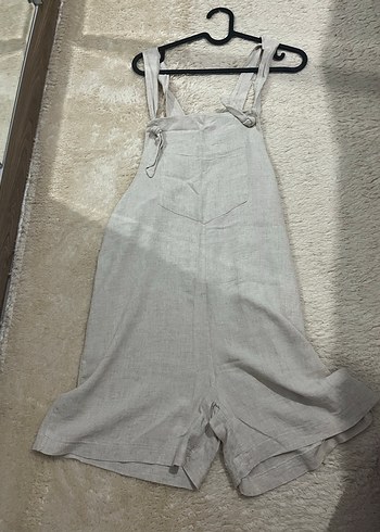 Bej Keten Midi Askılı Kadın Tulum - Görsel 3