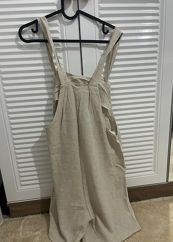 Bej Keten Midi Askılı Kadın Tulum - Görsel 4