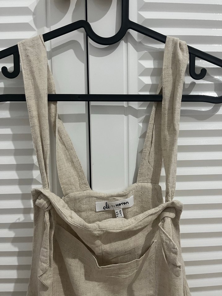 Bej Keten Midi Askılı Kadın Tulum - Görsel 2