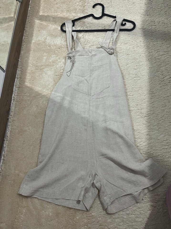 Bej Keten Midi Askılı Kadın Tulum - Görsel 3