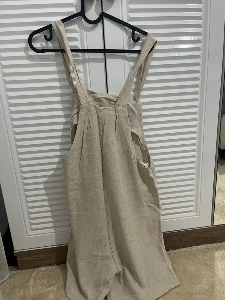 Bej Keten Midi Askılı Kadın Tulum - Görsel 4