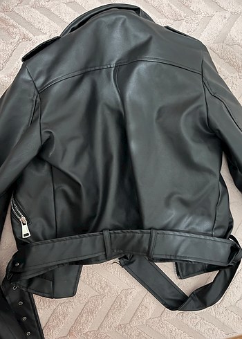 Kemerli Siyah Deri Biker Ceket - Görsel 3