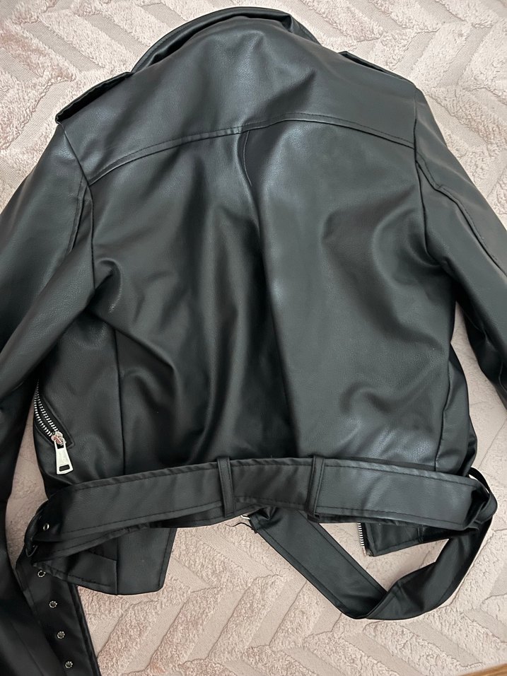 Kemerli Siyah Deri Biker Ceket - Görsel 3