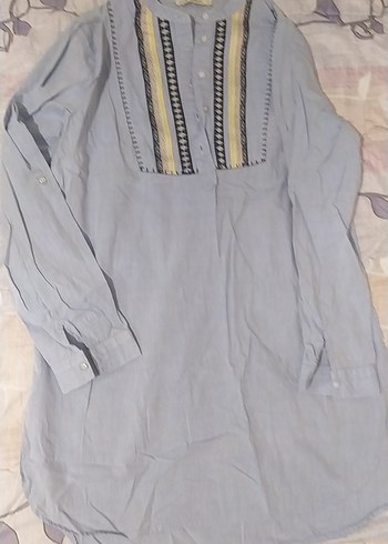 Gri Nakışlı Uzun Kollu Bohem Kadın Gömlek - Görsel 3