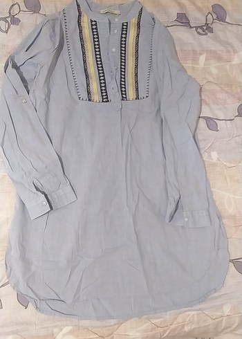 Gri Nakışlı Uzun Kollu Bohem Kadın Gömlek - Görsel 2