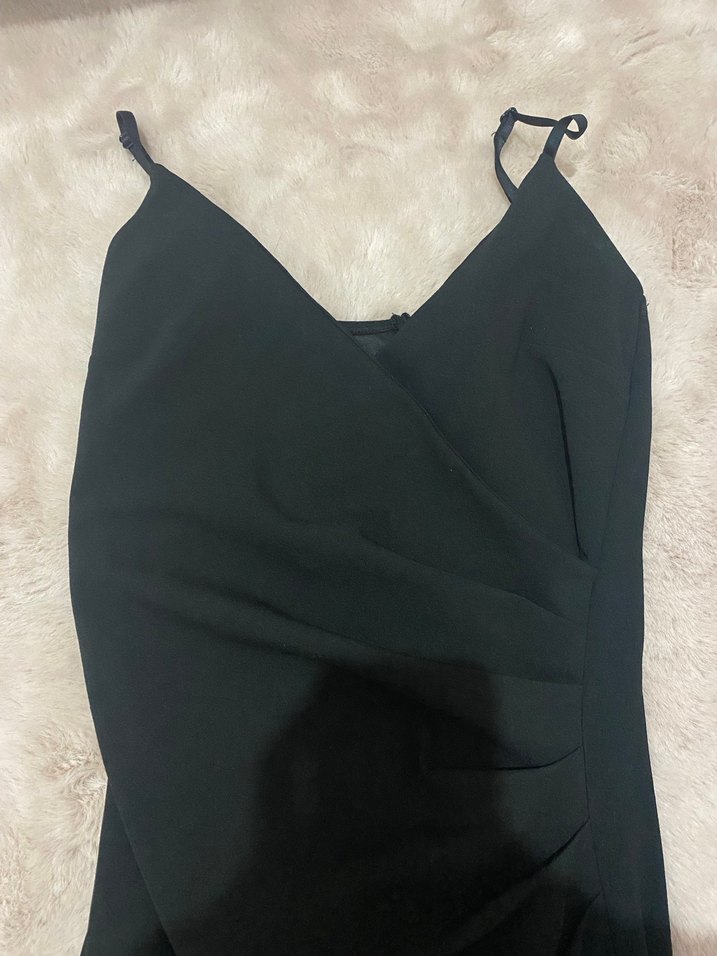 Siyah Drapeli V Yakalı Yırtmaçlı elbise - Görsel 2