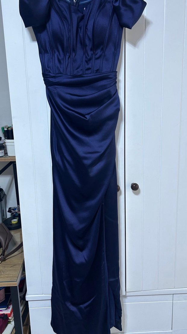 V Yaka Drapeli Lacivert Kadın Abiye Elbise - Görsel 2