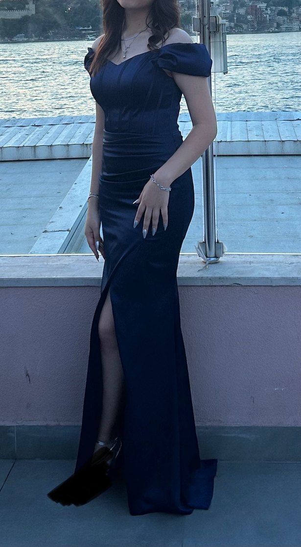 V Yaka Drapeli Lacivert Kadın Abiye Elbise - Görsel 3