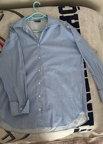 Mavi Çizgili Pamuklu Kadın Gömlek - Görsel 2