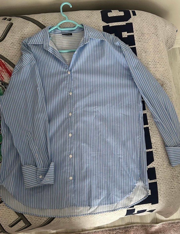 Mavi Çizgili Pamuklu Kadın Gömlek - Görsel 2