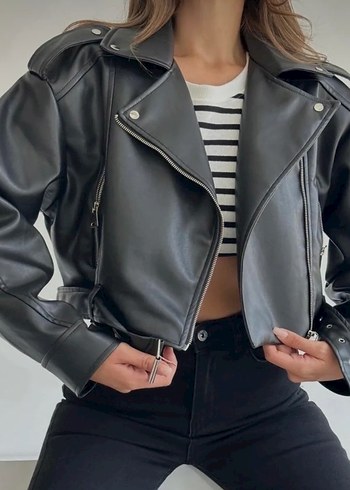 Kadın Siyah Deri Biker Ceket Kemerli - Görsel 2