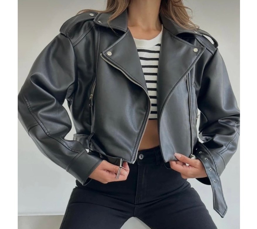 Kadın Siyah Deri Biker Ceket Kemerli - Görsel 2